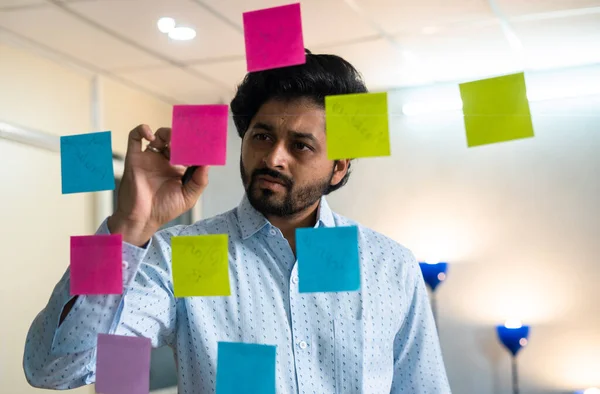 Businessman Busy Planning Marketing Strategy Office Writing Sticky Notes Concept — Photo