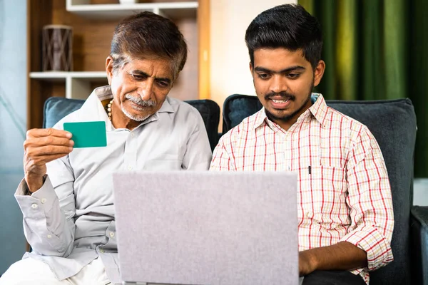 Son Making Online Bill Payment Shopping Laptop Help Father Using — Stockfoto