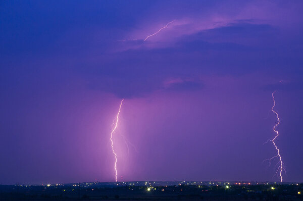 Lightning. Beautiful purple sky. 