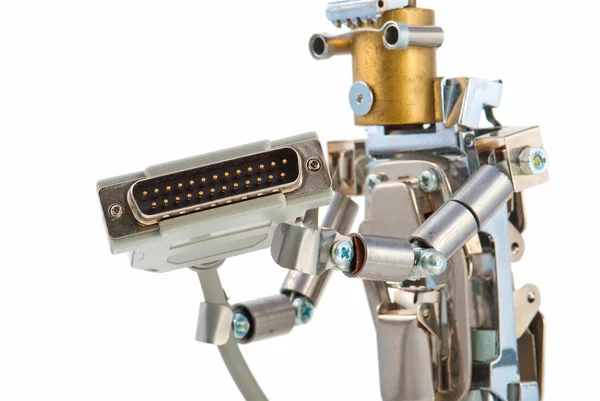 Robot Steampunk sosteniendo conectores. Piezas de cromo y bronce. Iso. —  Fotos de Stock