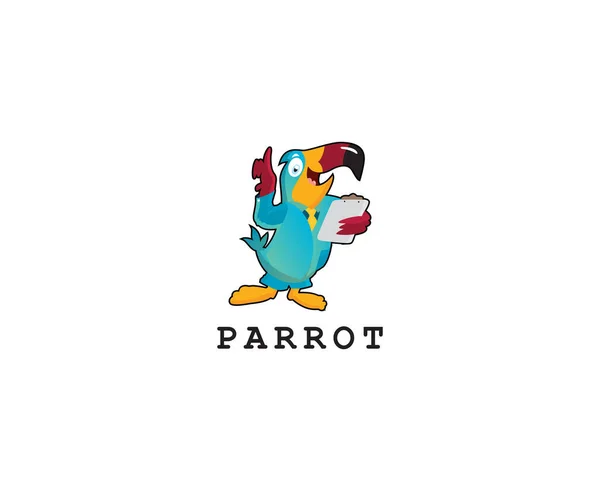 Cartoon Character Funny Papoušek Reading Report Izolované Bílém Pozadí — Stockový vektor