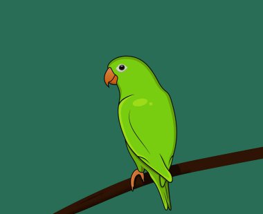Cute green Parrot perch on branch, vector logo illustration. Tropical bird cartoon style.