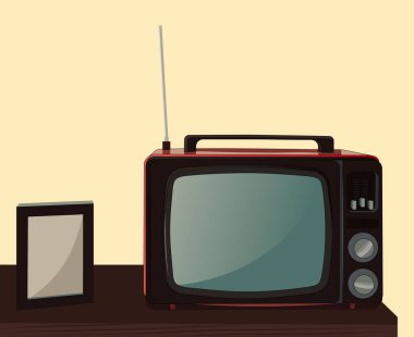 Elektronik televizyon düz tasarım logo illüstrasyonunun klasik retro teması.