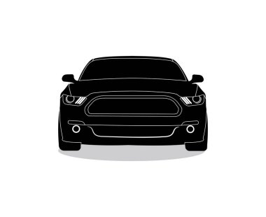 Siyah araba vektör silueti beyaz arka planda izole edildi. Siyah araba vektörü, önden görünüm.