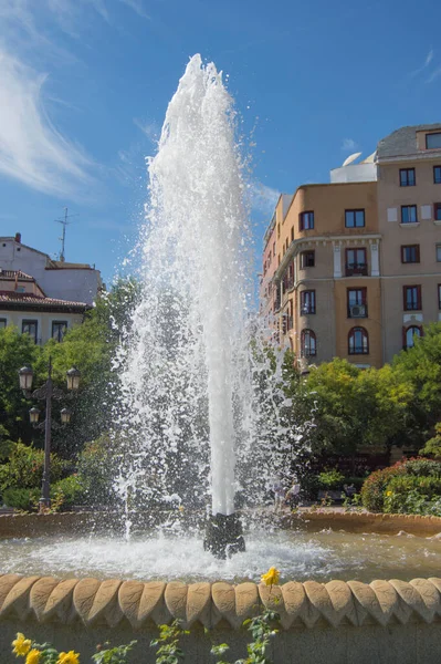 Vertikální Tryskáč Jezírku Zahradě Madridu Španělsko — Stock fotografie