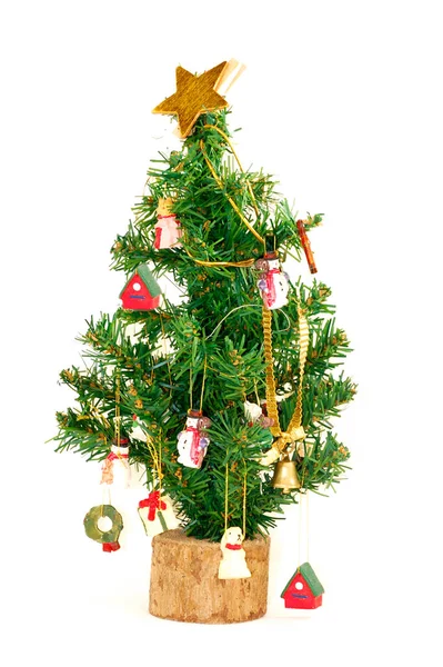 Kleine Kerstboom Met Kleine Kerst Ornamenten Geïsoleerd Witte Achtergrond Rechtenvrije Stockfoto's