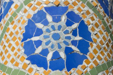 Floral Mosaic fragment from one of the columns on the terrace of the Palau de la Musica in Barcelona, Catalonia. Spain