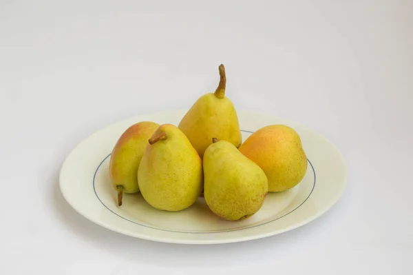 White Opal Glass Plate Pears Pear Variety Ercolina Isolated White — Stock Photo, Image