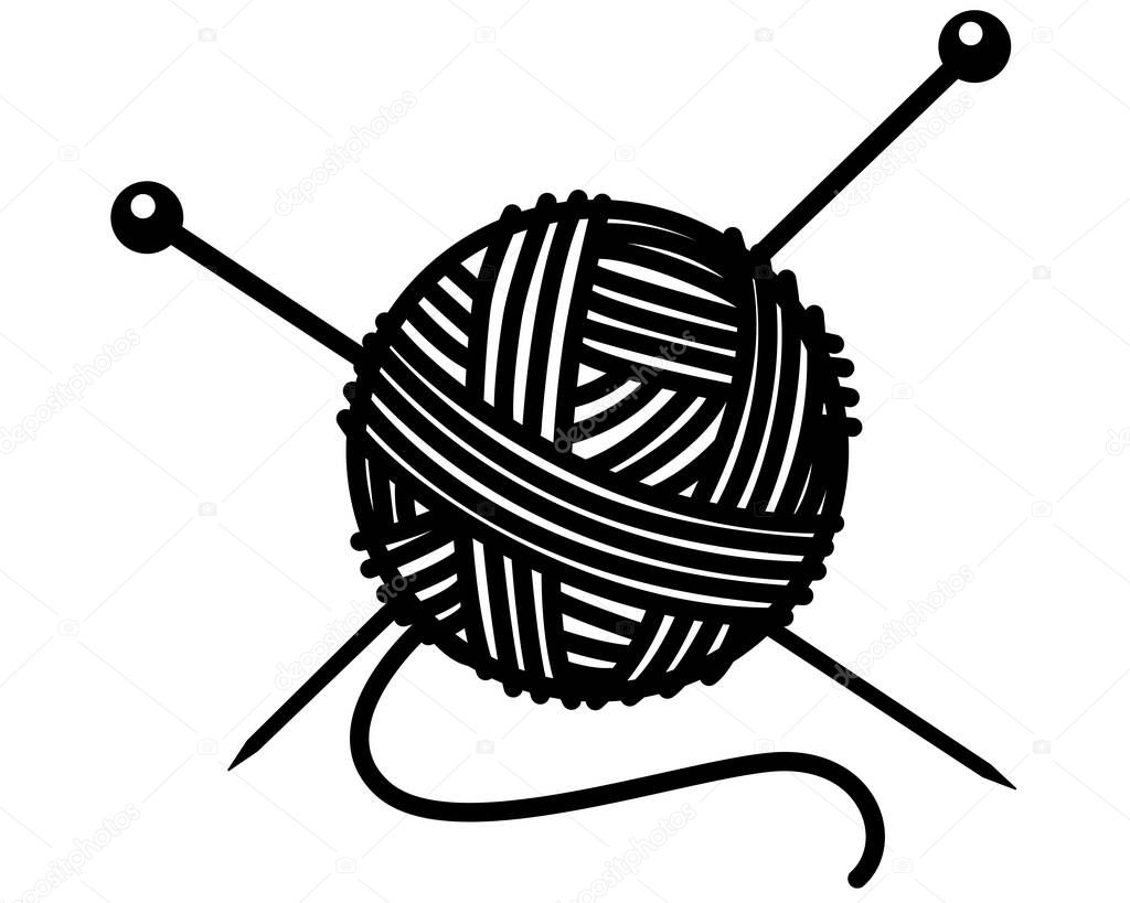 A set for knitting threads and needles. Ball of yarn for knitting and knitting needles - vector silhouette illustration for logo or pictogram. Round ball of yarn with stuck-in needles for sign or icon