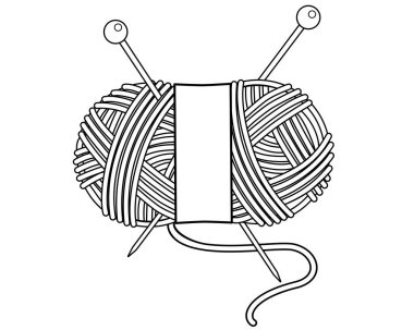 Örgü iğneleri ve etiketli oval örgü ipliği çizimi - renklendirme, işaret veya simge için vektör doğrusal çizim. Logo ya da piktogram için örgü iğneli iplik yumağı. Özet