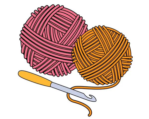 Crochet Hook Threads Vector Full Color Illustration Balls Yarn Knitting — Stock Vector