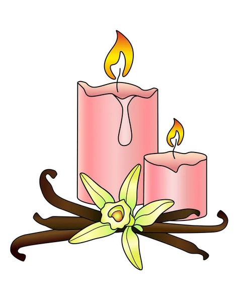 Kerzen Und Vanille Aromatherapie Antistress Vektor Vollfarbige Illustration Duftende Rosa — Stockvektor
