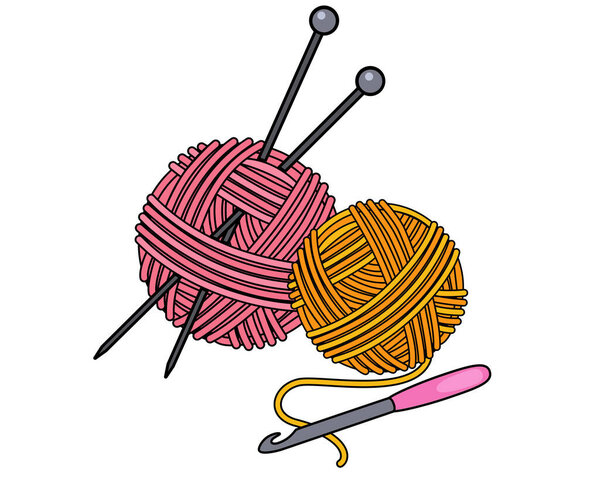 Crochet hook, knitting needles and threads - vector full color illustration. Balls of yarn and knitting tools. Set for handmade, hand knitting.