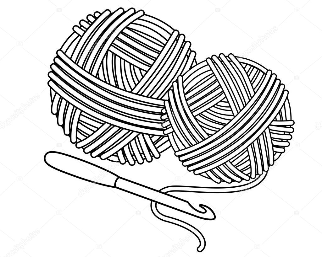 Clews and crochet hook - vector linear illustration for coloring. Outline. Crochet threads. Knitting and handmade
