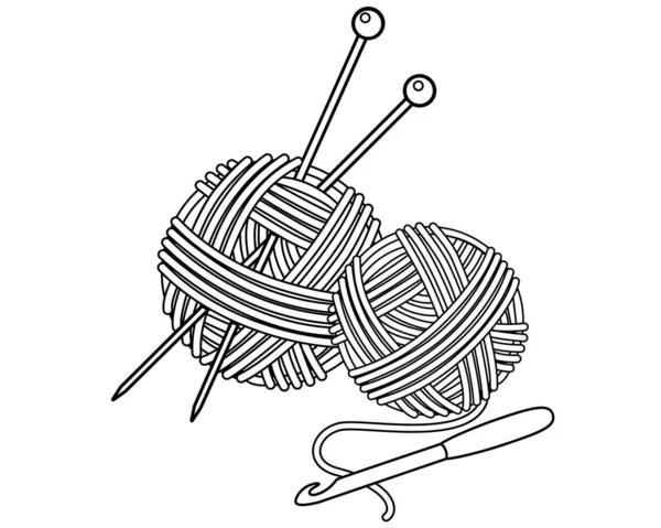 編み物の針とかぎ針編みのフック 着色のためのベクトル線形イラスト 編みのための糸 ボールにコイル状 かぎ針編みの針とフック 編み物と手作り — ストックベクタ