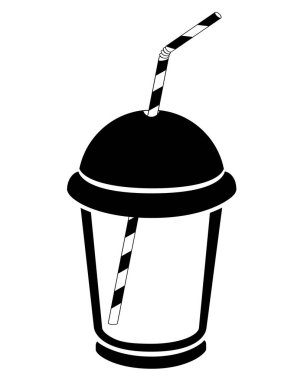 Kapaklı ve saman içen bir bardak. Logo ya da piktogram için vektör siluet çizimi. Plastik bir bardağa koyup bir işaret ya da simgeye koymak için iç.