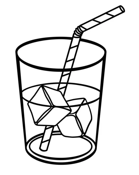 Glas Mit Getränk Eis Und Stroh Vektorlineare Illustration Zum Ausmalen — Stockvektor