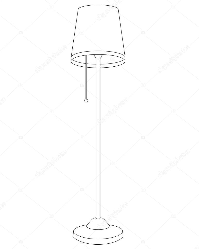 Floor lamp, vintage floor lamp with lampshade - vector linear picture for coloring. Vintage lamp in scandinavian style. Outline