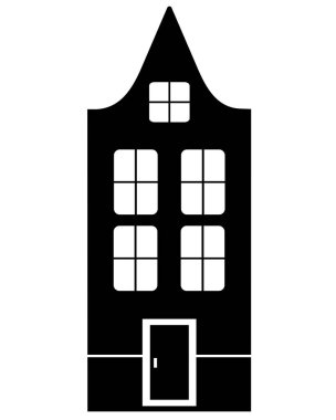 Ev, Avrupa şehir mimarisi. Logo ya da piktogram için siyah siluet bir ev. Eski Avrupa evi - simge için siluet veya işaret