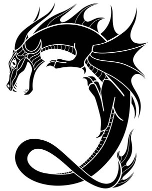 Kanatlı Ejderha alev püskürtüyor. Logo veya piktogram için vektör siluet resim. Fantezi ejderhası 