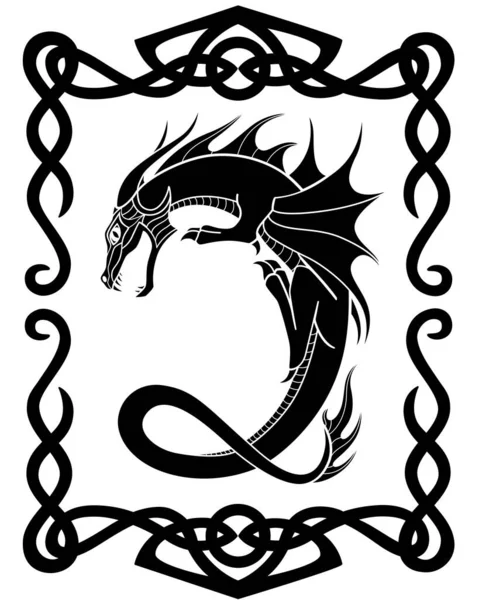 Kelt çerçevesinde ateş püskürten ejderha. Mitolojik bir yaratıkla vektör siluet resmi. Dragon, Celtic tarzında bir çerçeve içinde C harfi şeklinde kıvrılmış..