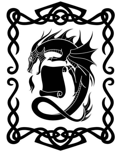 Огнедышащий Дракон Свитком Пергамента Кельтской Рамке Векторная Силуэтная Картинка Мифологическим — стоковый вектор