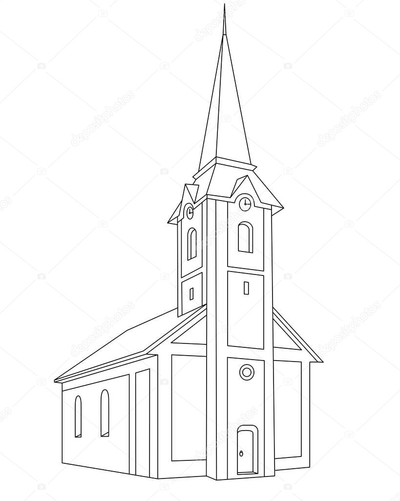 The building of the Catholic church with a clock on the tower - a vector linear picture for coloring. Outline. City hall building vintage for coloring book