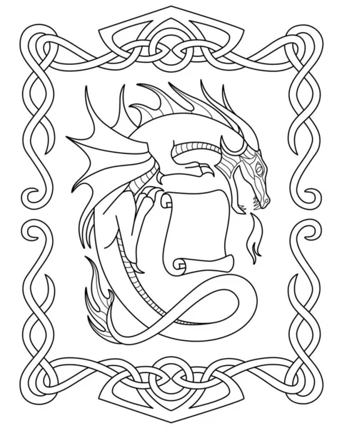 Дракон Прокруткой Рамке Кельтского Орнамента Векторное Линейное Изображение Раскраски Набросок — стоковый вектор