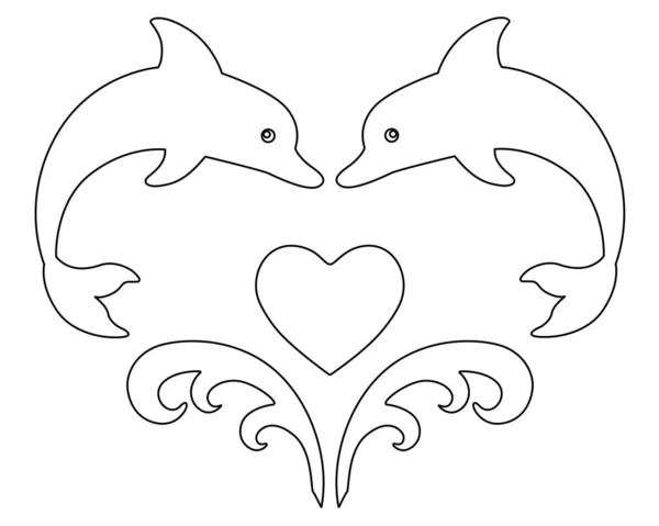 Delfíni Mořské Vlny Tvaru Srdce Vektorová Čára Upravitelným Obrysem Obrys — Stockový vektor