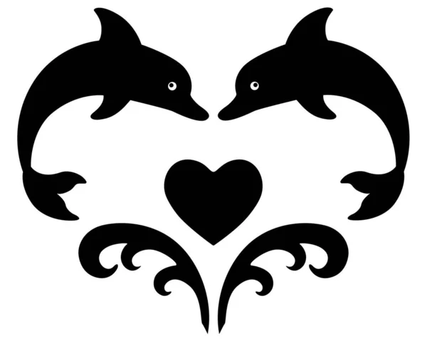 Δελφίνια Και Κύματα Σχήμα Καρδιάς Διανυσματικό Σχέδιο Σιλουέτας Για Λογότυπο — Διανυσματικό Αρχείο