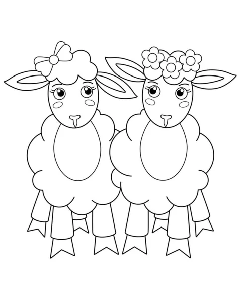 Paire Moutons Mignonnes Petites Amies Moutons Image Vectorielle Linéaire Pour — Image vectorielle