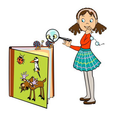 Little schoolgirl by book of animals clipart