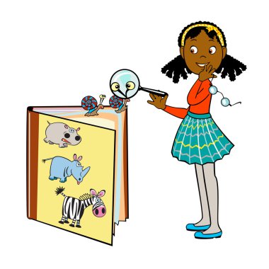 Afro girl standing by book clipart