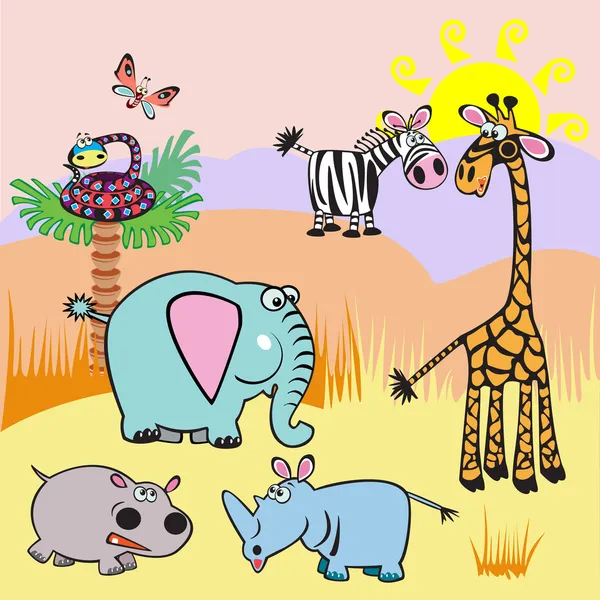 Kinder illustrieren mit afrikanischen Tieren — Stockvektor