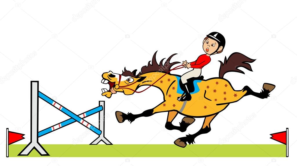 Cartoon picture of little boy with pony jumping fence