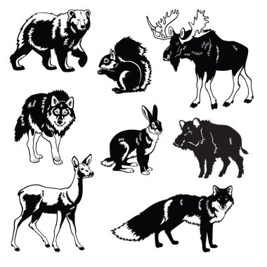 Set of forest animals black and white