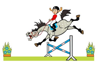 Little girl with pony jumping fence clipart