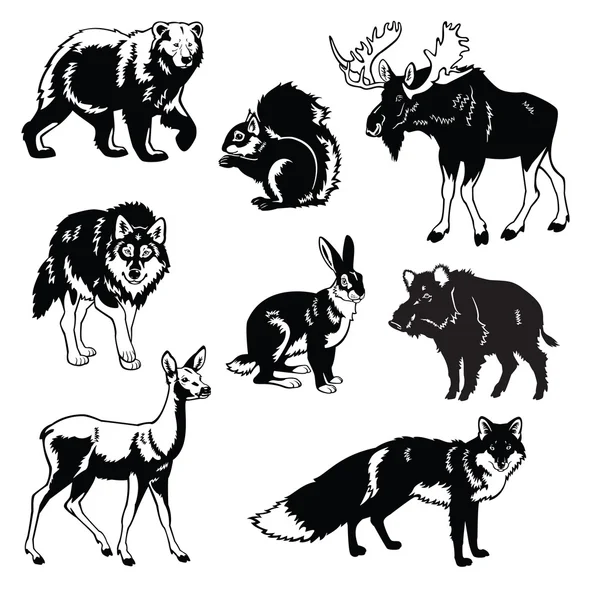 Set of forest animals black and white — Stock Vector