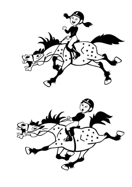 Ragazzina e ragazzo cavalieri pony immagine in bianco e nero — Vettoriale Stock