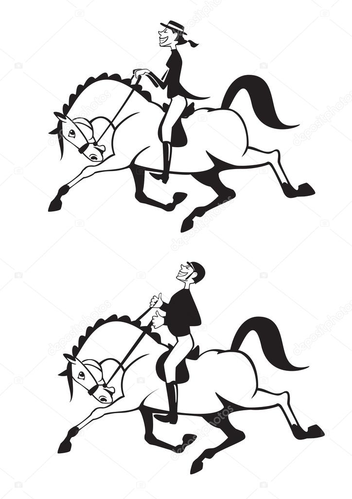 Cartoon man and woman horse riders black and white