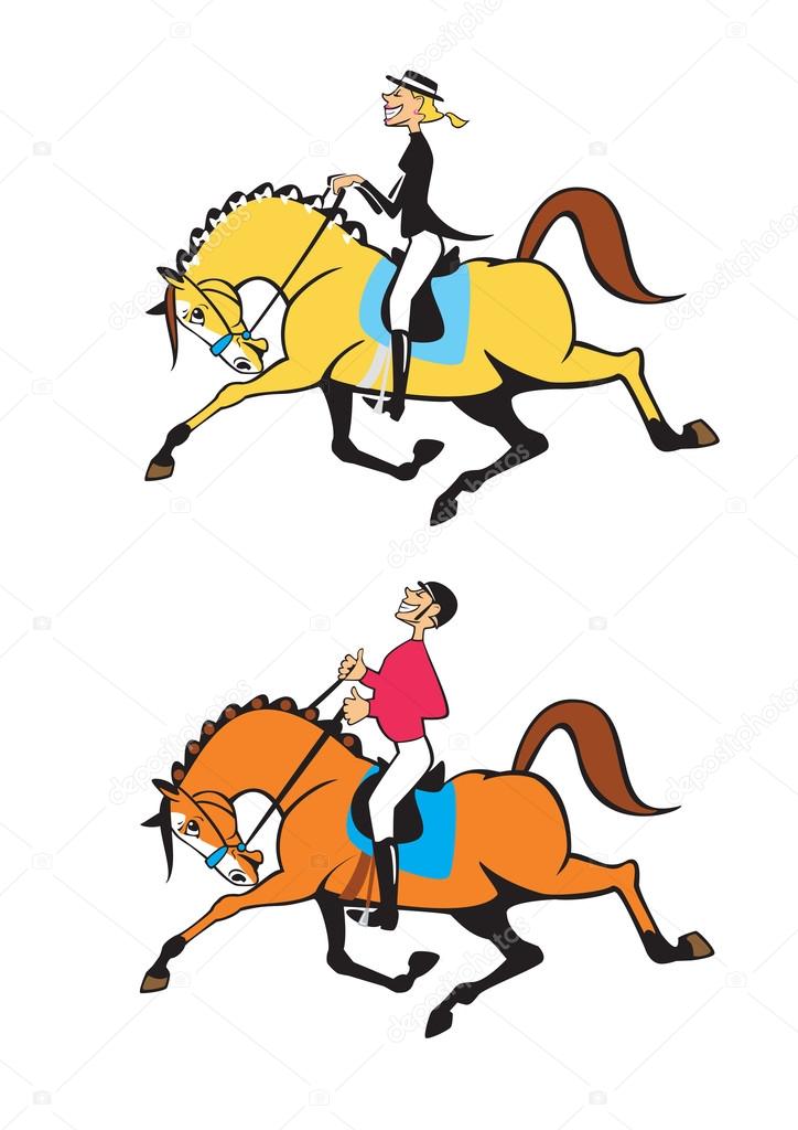 Cartoon man and woman horse riders