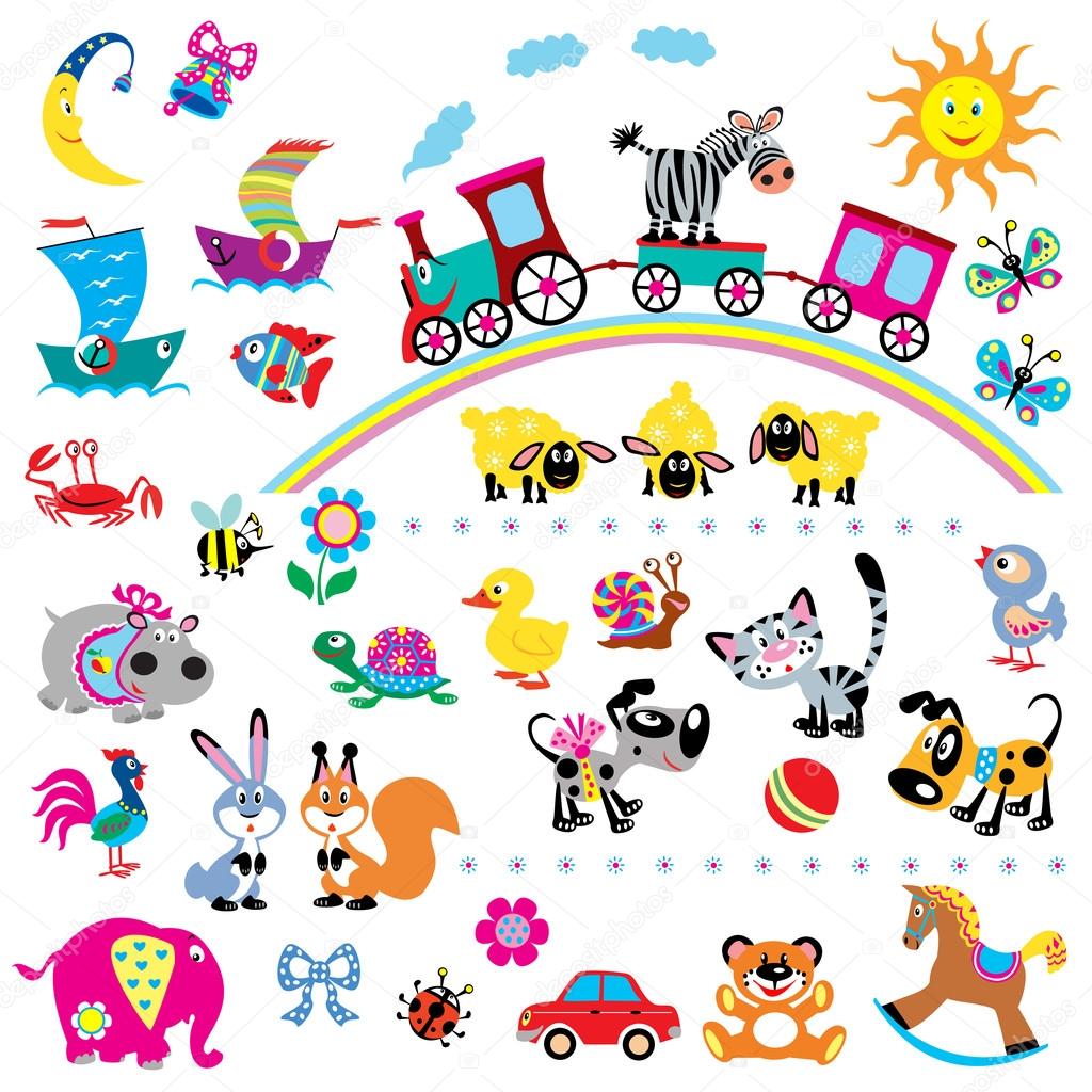 Big vector set of simple children pictures for babies and little kids,colorful images isolated on white background