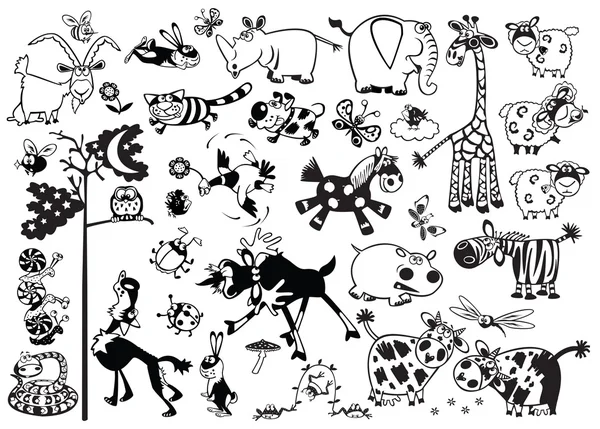 Monocromo con animales de dibujos animados — Vector de stock