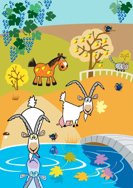 Childish landscape with goats and horse — Stock Vector