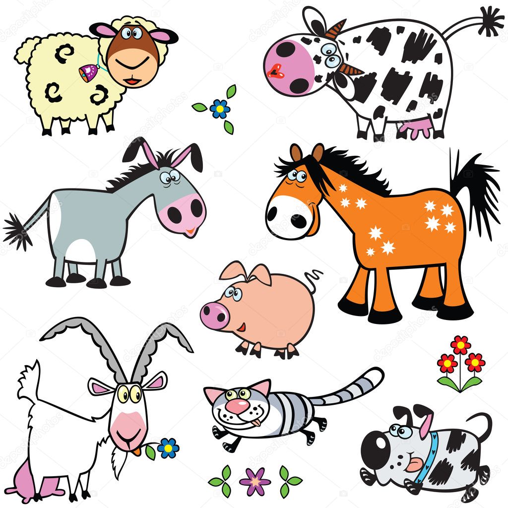 Set con animales de granja de dibujos animados Vector de stock por ©insima  13279508, image size:1024x1024