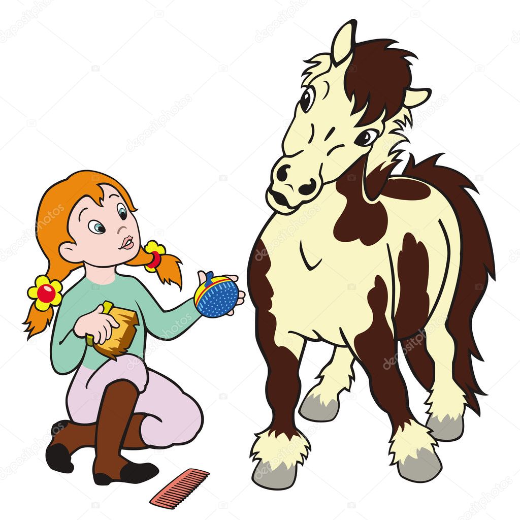 Girl grooming pony