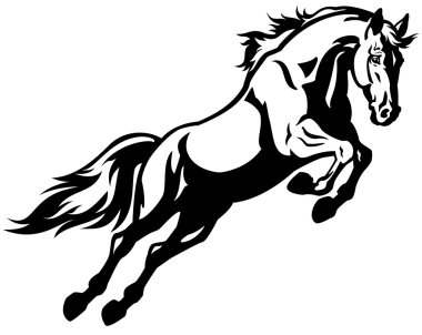 Jumping horse black white clipart