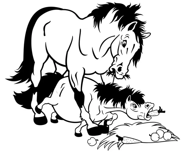 Caballo de dibujos animados y pony negro blanco — Vector de stock