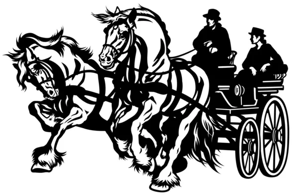 Dos caballos carruaje tirado — Vector de stock