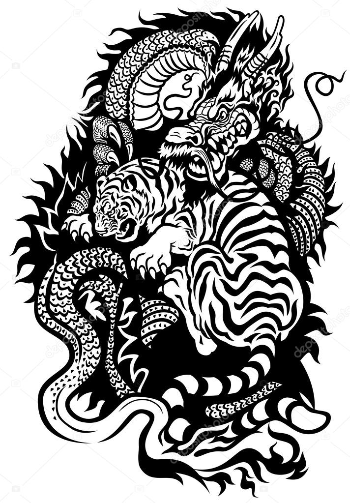 Dragon And Tiger Tattoo Black White